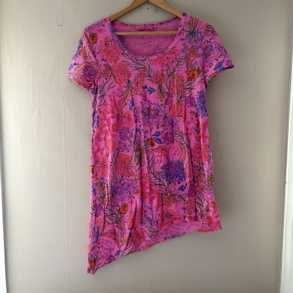 Fresh Produce Womens Asymmetrical Top Size L Pink Under Sea Print Coastal Cotton